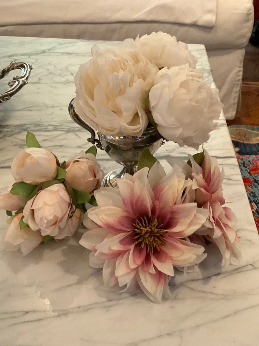 Set of three mini faux flower bouquets, vase not included